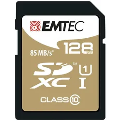 Emtec SDXC 128GB Class10 Gold + (128 GB, SDXC, U1, UHS-I), Speicherkarte, Schwarz, Braun