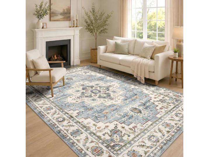 Tapis de salon vintage lavable 120 x 160 cm bleu rétro Grand tapis à poils courts antidérapant style bohème doux pour chambre