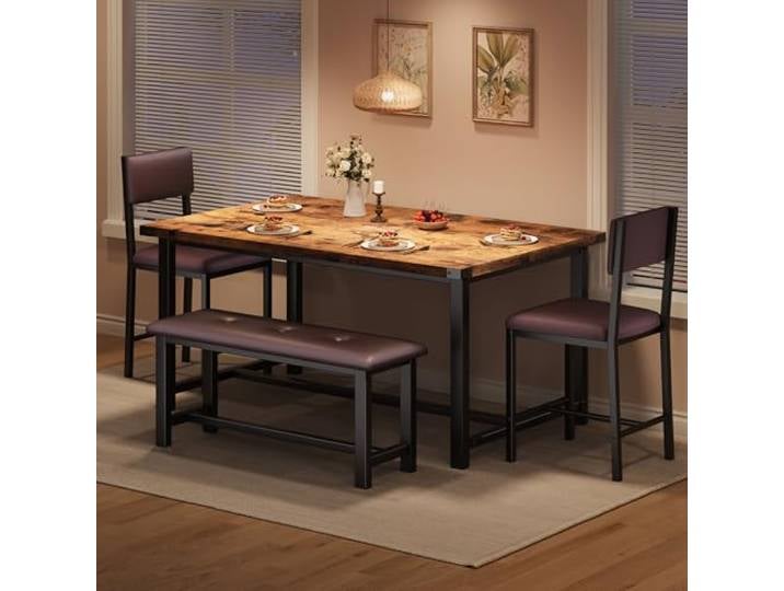 Garvee Esstisch Set 4-Teilig, Esszimmertisch Mit 2 Gepolsterte Stühlen & Banken Esszimmergruppe Für 4 Personen Rechteckig Küchentisch-Set Für Wohnzimmer, Esszimmer, Küche, Vintagebraun