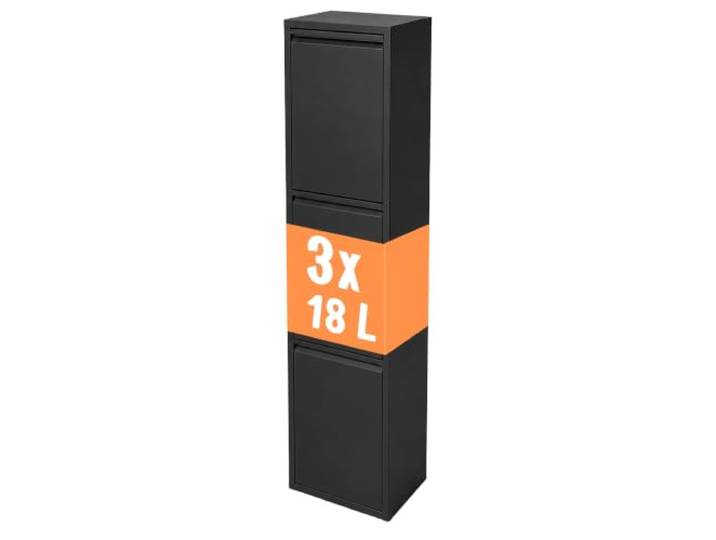 Relaxdays Poubelle 3 compartiments\, noire 3x 18 l\, rabattable\, seaux amovibles\, métal\, à poser ou murale