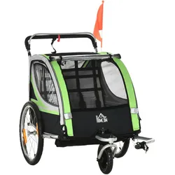 HOMCOM 2 in 1 Kinderanhänger, Fahrradanhänger mit 5-Punkt Sicherheitsgurt, Grün