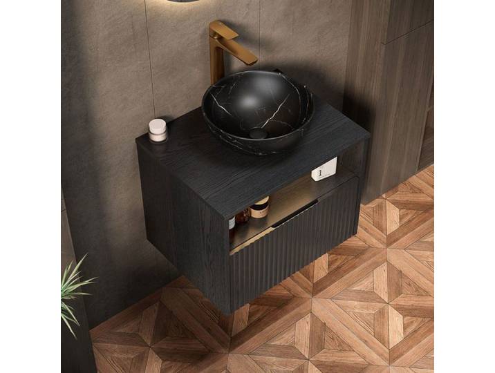 Maisentiel Meuble sous vasque suspendu 60 cm noir avec vasque ronde en céramique LED et tiroir