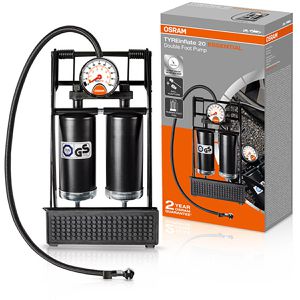 OSRAM Luftpumpe TYREinflate 20 ESSENTIAL, Double, Fußpumpe, mit Manometer und 3 Ventil-Adaptern, 7 bar / 100 psi