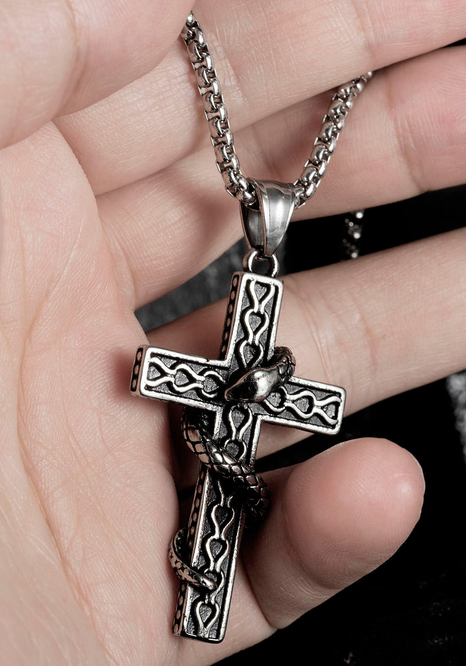 Kette mit Anhänger FIRETTI "Schmuck Geschenk Cross Snake", schwarz (edelstahlfarben, schwarz, vintage), Halsketten, Herren, Edelstahl, L: 55 B: 3mm, Kette mit Anhänger, B:3mm edelstahlfarben, schwarz, vintage Edelstahl, L: 55 B: 3mm