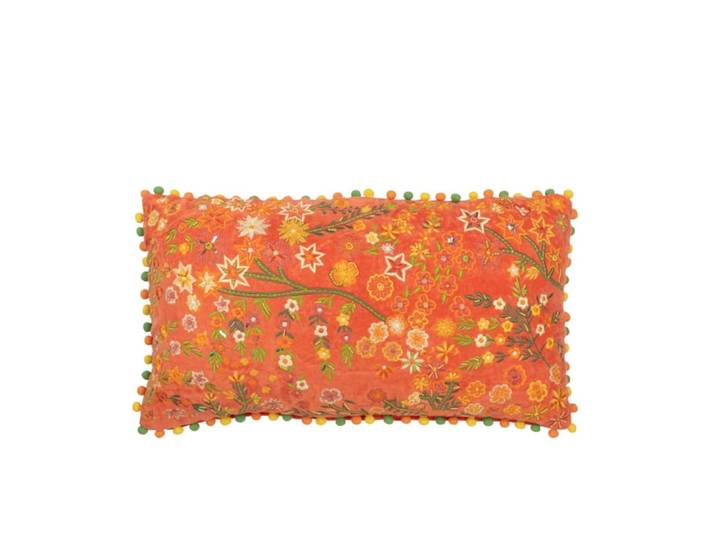 Coussin rectangle fleurs+pompoms en velours orange 65x35x15 cm