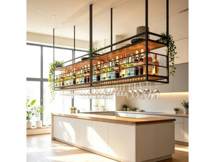 200cm Deckenregal Weinregal,Hängend Wein Flaschenregal Metall 2-Lagiger Industrieller deckenregal hängend Sicherheitsgeländern, Weingläser und Präsentation für Küche, Bar Esszimmer