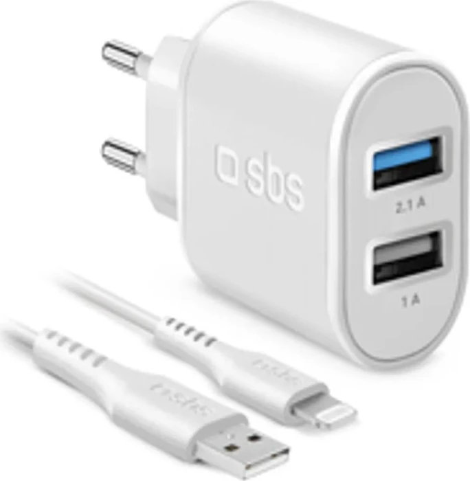SBS mobile Reiselader 10W MFi 2x USB + Lightning-Kabel 1m weiß