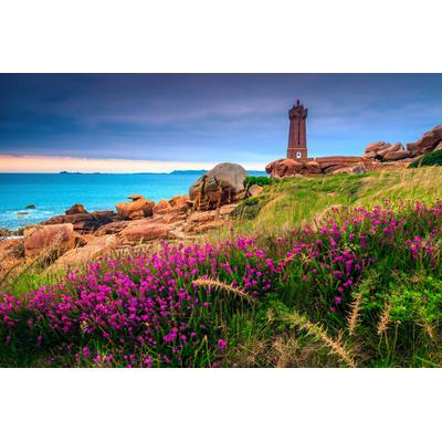 Fototapete PAPERMOON "LEUCHTTURM-BRETAGNE BLUMEN WIESE MEER OZEAN KÜSTE BERGE", bunt, B:3m L:2,23m, Vlies, Tapeten