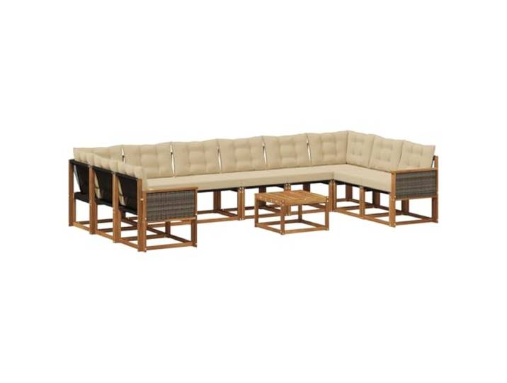 HFMDRMU Outdoor-Sofagarnitur mit Kissen 11-teilig, Natur und Beige, modulares Sofa aus massivem Akazienholz, wetterfestes Set für Terrasse und Garten