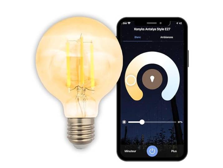 Konyks Ampoule connectée Antalya Style G80 Ampoule E27 déco Ambrée- Blanc réglable- Wi-Fi+ Bluetooth - 7W