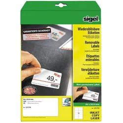 Sigel Etiketten Inkjet/Laser Kopier 96x50,8mm ablösbar VE=10x250 Stück (25 Blatt) weiß