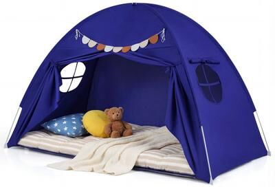 Costway Twin Size Indoor Canopy Tent for Kids with 2 Window and Suits 3+-Navy