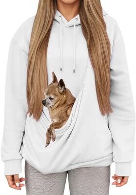 Uplifted Finds Autumn Winter Womens Hooded Sweatshirt With Pet Carrier Pocket Loose Fit Top m white