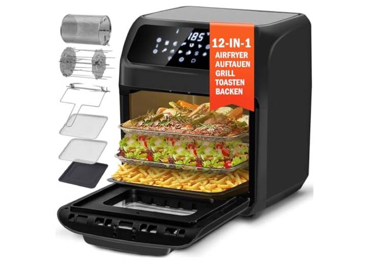 LLIVEKIT AirFryer 12L, Mini Backofen mit Umluft mit Drehspieß 12-in-1 Heißluftfritteuse, Heißluftbackofen 1800W, 7 Zubehörteile, Warmhaltefunktion, spülmaschinenfest