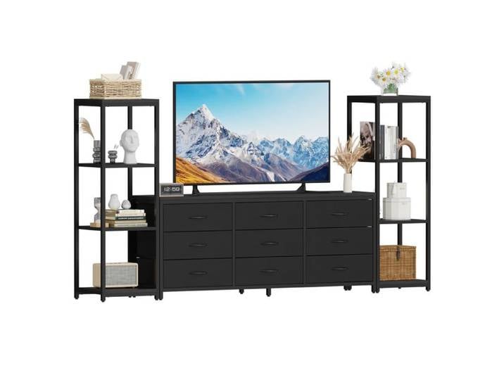 Meuble TV industriel moderne – Meuble multimédia avec 9 tiroirs en tissu – Étagères de rangement – Console multimédia – Noir