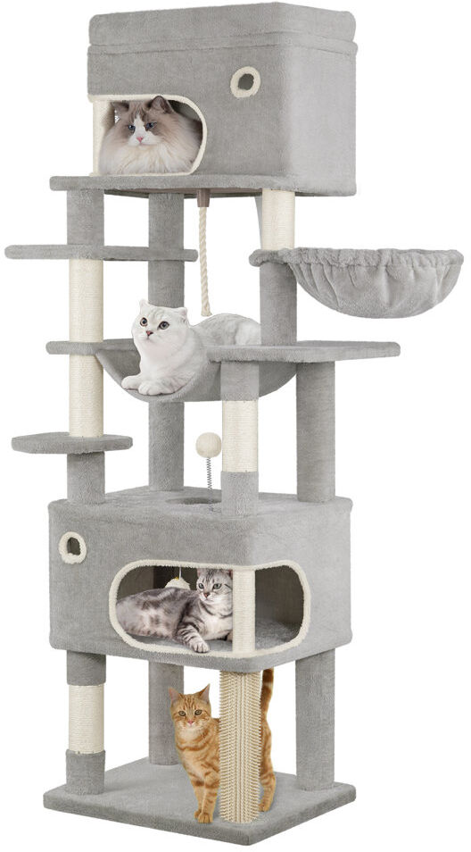 17 Stories Cat Tree for Indoor Cats, Multi-layer Scratching Post with Large Platform, 2 Caves, 7 Sisal Posts, Pompoms, Cat Basket, Hammock, Suitable for Cats Light Grey 178cm H x 55cm W x 45cm D