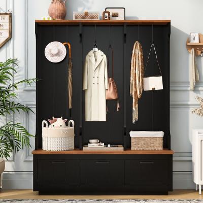 Farmhouse Hall Tree Entryway Organizer, Mudroom Coat Rack with Built‑in Contrast Bench, Hooks and Storage Drawers