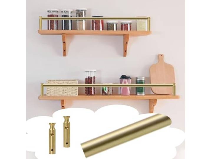RegalgeläNder Goldene Galerieschiene Regale, Kippschienen-Set Endpfosten Schrankzaun, Dekoratives Geländer Weinschrank/Bücherregale, Messing-Regalschutzschiene Schrankzaun(60inch/152.4cm)