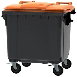 Müllcontainer fahrbarer Container 1100 L grau, orange flacher Deckel, aus hochwertigem Kunststoff