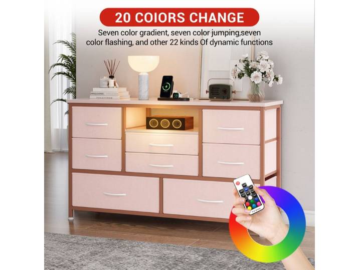 Commode 8 Tiroirs avec Prises & LED RGB pour TV 55  Meuble TV/Buffet d'Entrée 120cm Rose Industriel