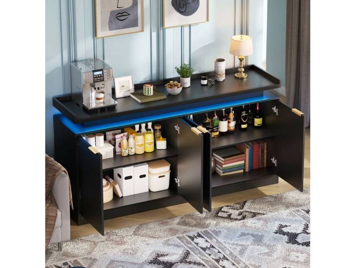 MEULVA Buffet de cuisine LED RGB 4 portes noir MDF 160 x 39 x 83 cm
