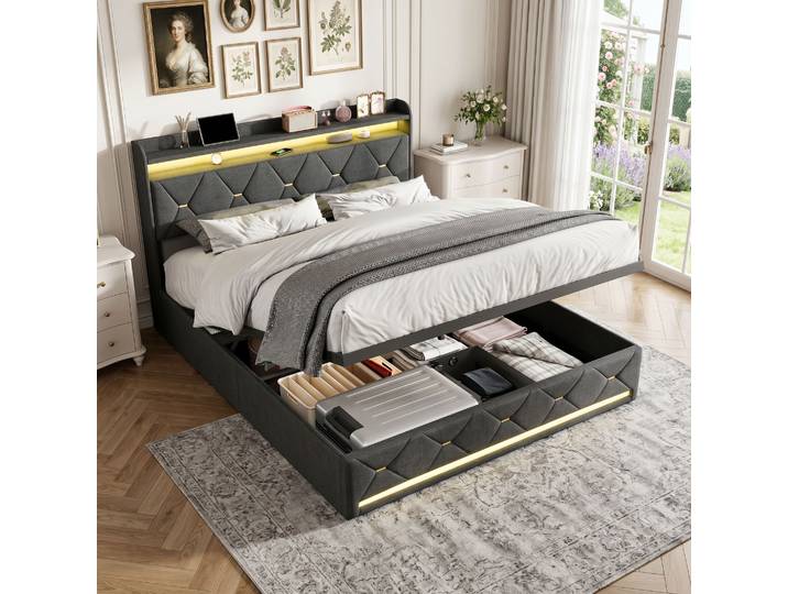 Blanketswarm - Lit Coffre 160 X 200 Cm Avec Led\, Lit Double Rembourré Avec Usb\, Lit Double Coffre Avec Rangement - Lin - Gris