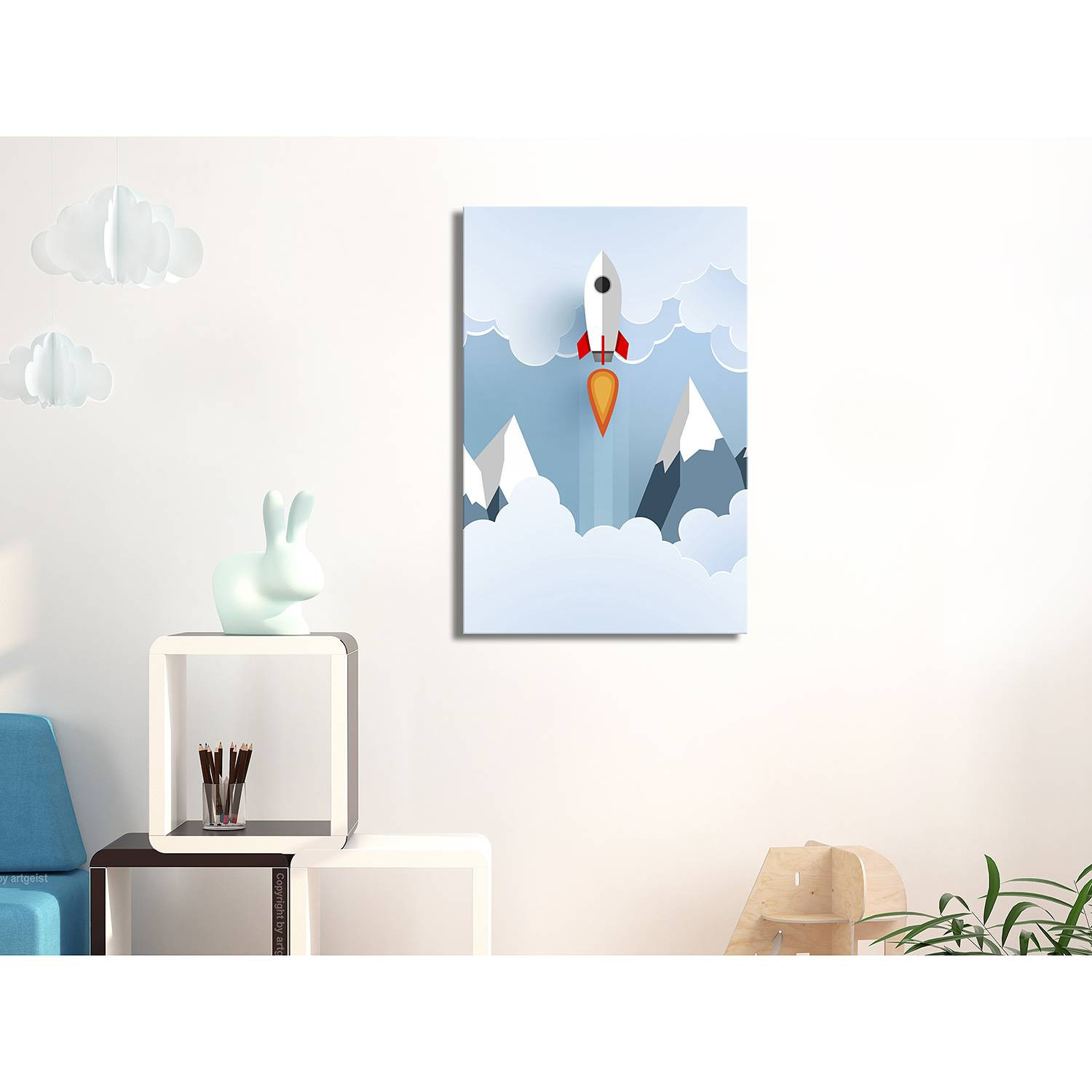 home24 Rocket in the Clouds abstracte wanddecoratie blauw 40 x 60 cm
