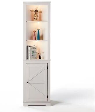 Display Cabinet White L-Shape 3-Shelf with 1 Door Double Z Modeling LED Lights