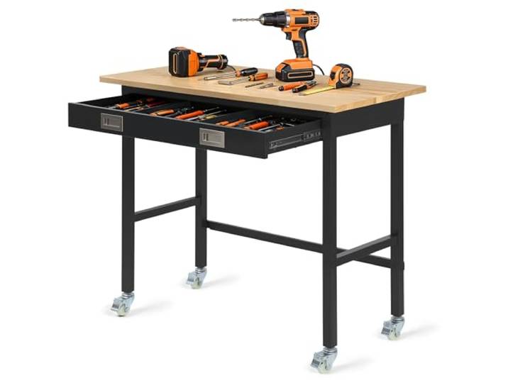 VEVOR Établi Atelier sur roulettes 122x61 cm Établi Garage Charge 680 kg Table de Travail pour Bricolage Garage Atelier Bureau\, avec Tiroir de Rangement\, Plateau en Bois Chêne Massif Épaisseur 2\,5 cm
