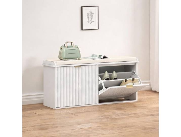 Banco d'entrée 104 cm avec assise rembourrée 2 tiroirs abattants et étagère réglable en MDF