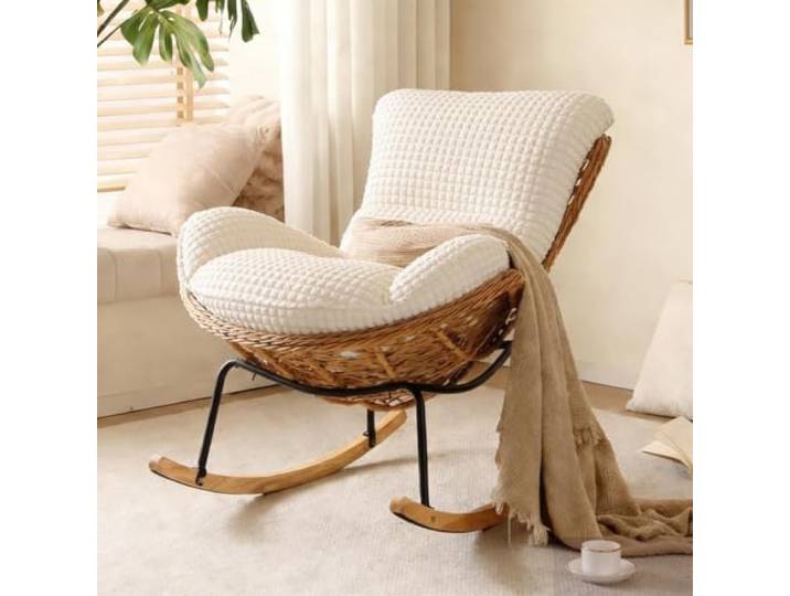 TINGMIAN Handgefertigter Rattan-Webstuhl, bequemer Lounge-Stuhl Bequemer Loungesessel aus PU-Leder, gepolstert, für Erwachsene, ideales Wohnzimmer oder Schlafzimmer (Gitterweiß)