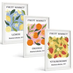 BILDER SET 3er Set - 40x60 cm Weißer Rahmen - Fruchtposter Zitronen Erdbeeren