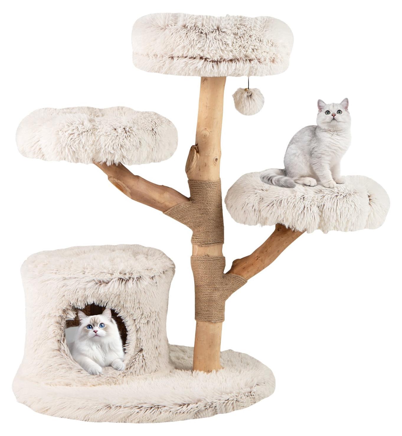 Katzenbaum mit Massivholzstamm und Plüschplattformen, 102 cm
