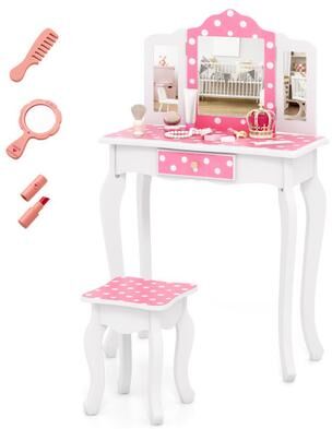 Costway Princess Pretend Play Makeup Dressing Table with Cute Polka Dot Print-Pink