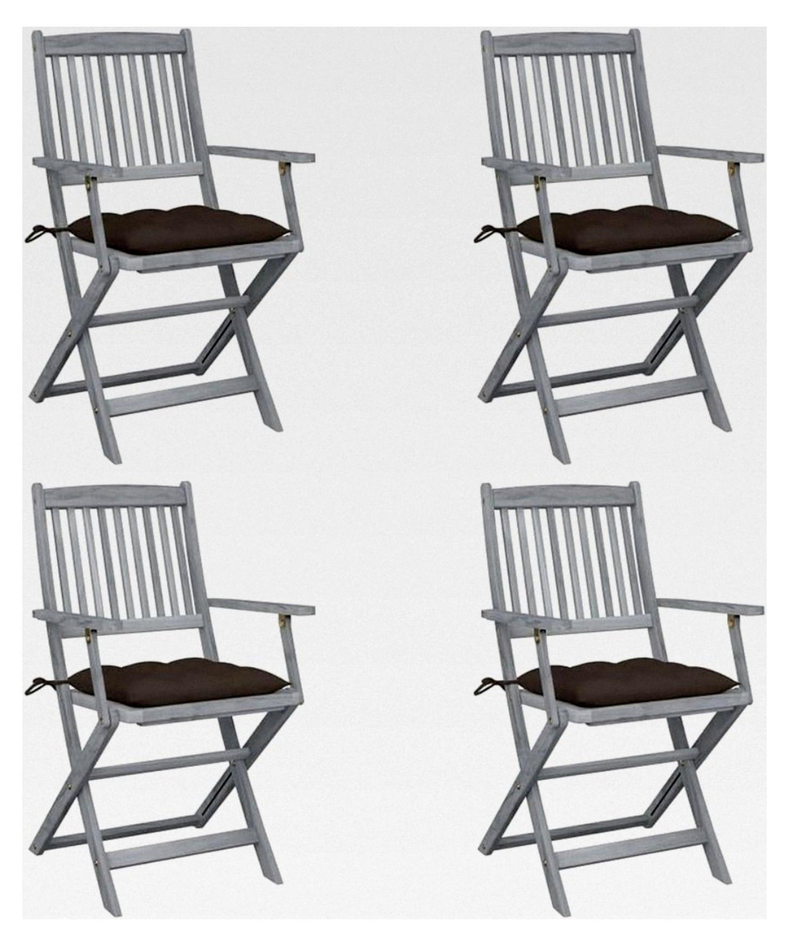 4er Set Klappbare Gartenstühle aus Akazienholz mit Kissen und Armlehnen