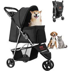 VEVOR Hundewagen, Tragkraft 16 kg, faltbarer Tierbuggy, Katzenwagen mit 3 Rädern, Netzfenstern & Getränkehaltern, Hundebuggy mit Bremse, für kleine bis mittelgroße Haustiere