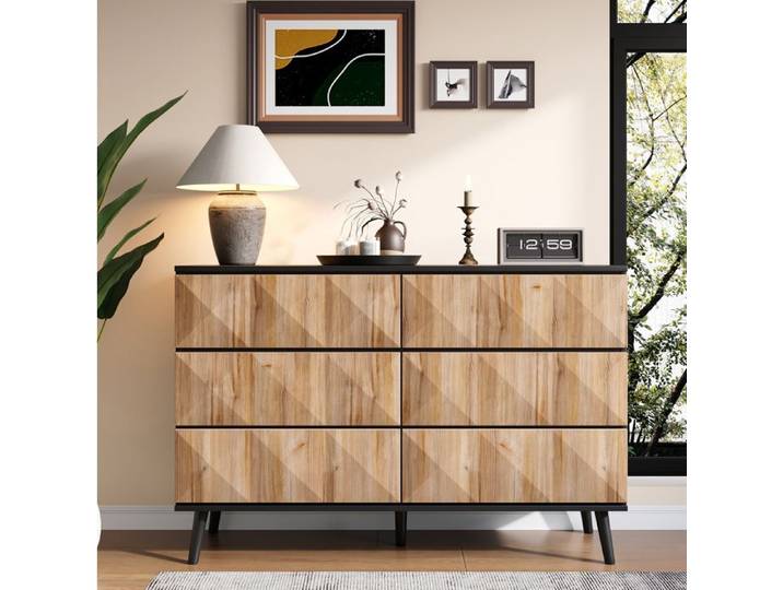Buffet bahut enfilade 6 tiroirs 120x40x85 noir et bois naturel design moderne industriel TYNQER