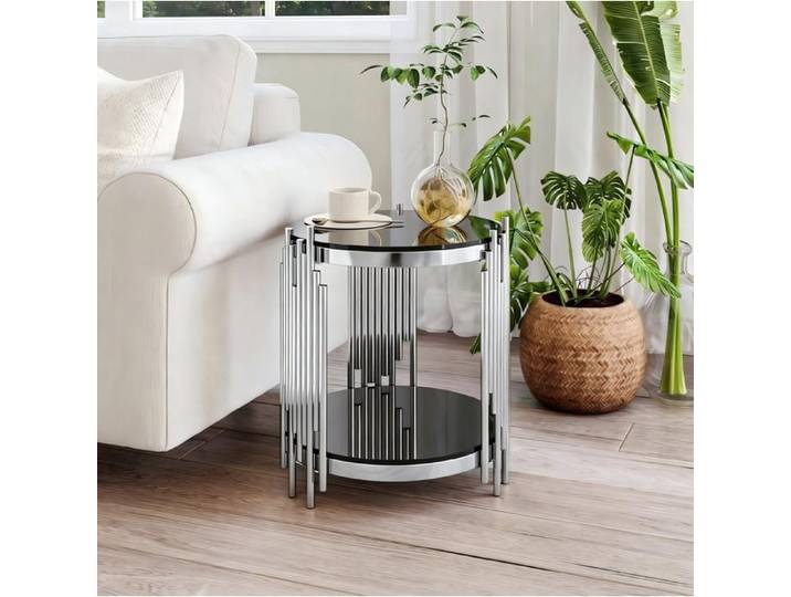 VUENOR table basse ronde 45 cm noir et argent en verre trempé - 2 niveaux
