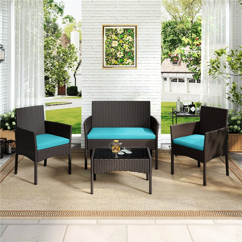 Lark Manor Colour Outdoor All Weather Wicker 4 - Person Seating Group with Cushions Brown/Cyan 4