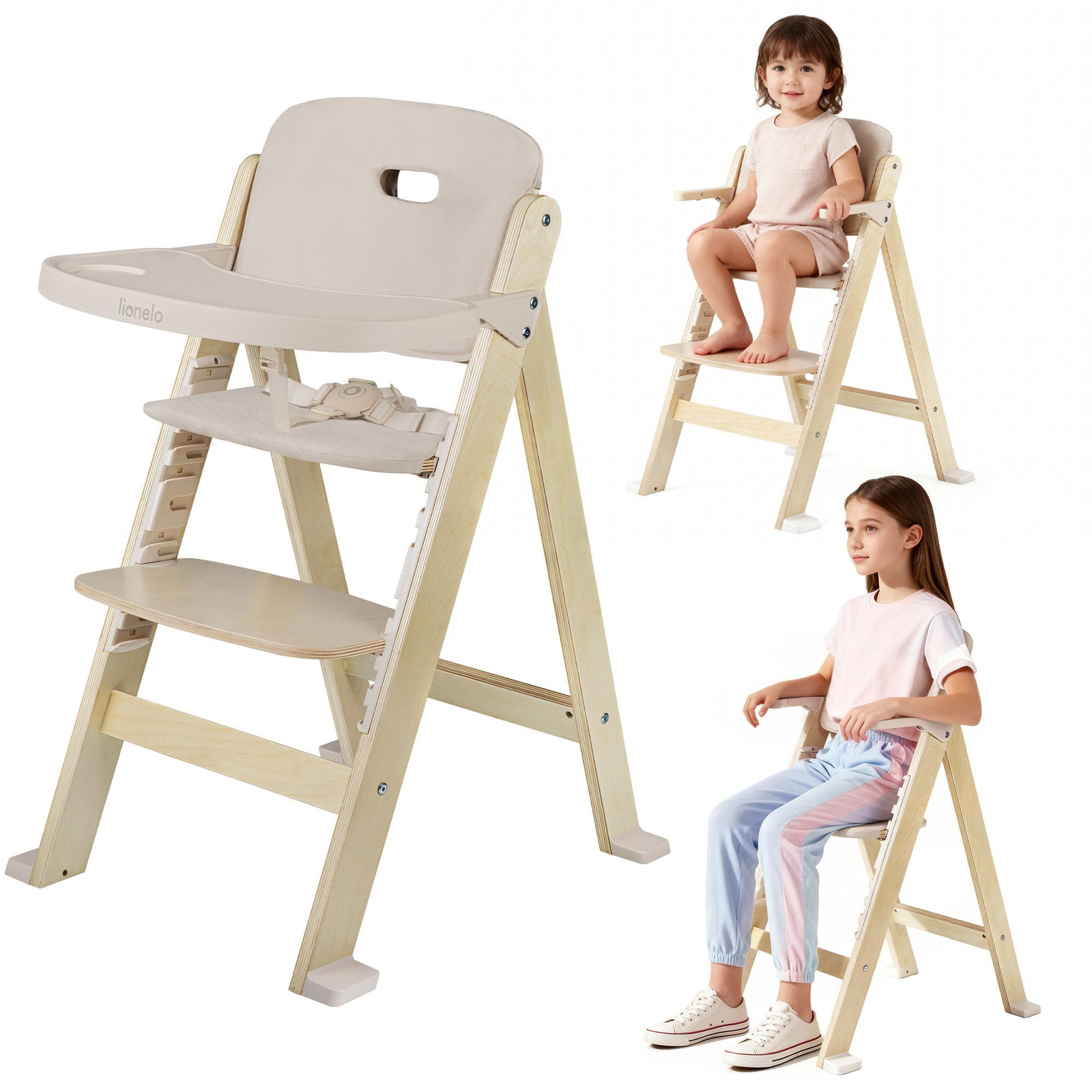 Lionelo Floris kinderstoel van berkenhout met verstelbare voetsteun en tafelblad, Beige