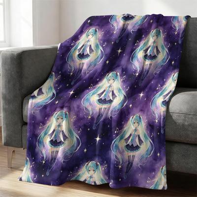 Shop Station Hatsune Miku Crayon Style Flannel Throw Blanket Cozy Anime Throw Blanket For Sofa, Bed & Travel b 28x40in