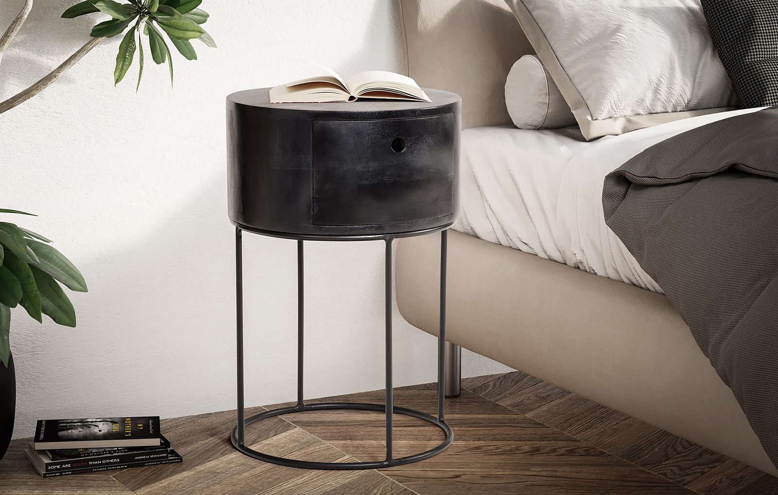 home24 Nachtkastje Saoued zwart met een diameter van 40 cm