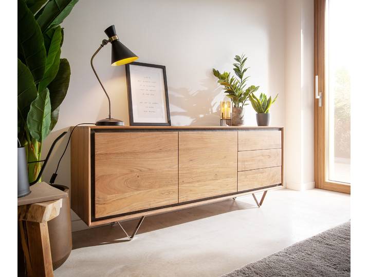 Sideboard Stonegrace 175 cm Akazie Natur 2 Türen 3 Schubladen Steinfurnier V-Fuß, Sideboards