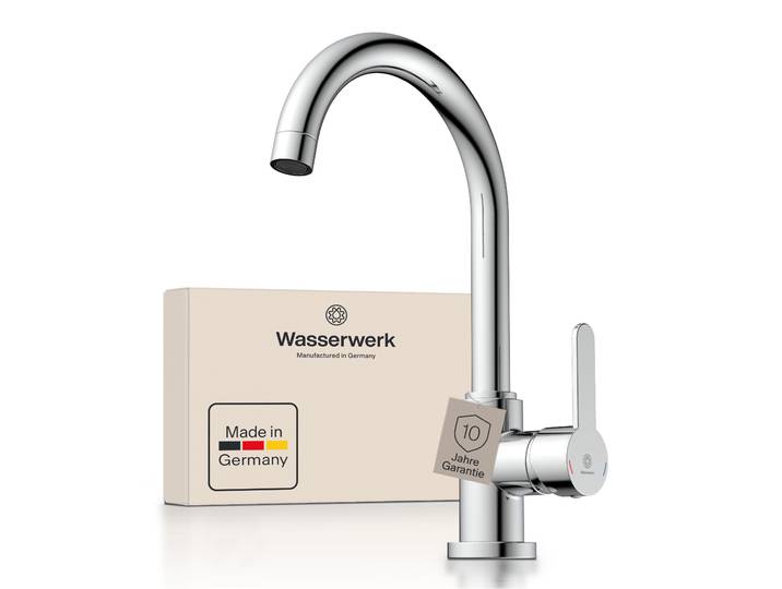 Spültischarmatur WASSERWERK WK 5, Wasserhahn, Küche, Einhebelmischer , silber (chrom), B:5,9cm H:33,3cm T:21,3cm, Messing, Armaturen, 360 schwenkbar, Cold-Start-Funkt., geräuscharm