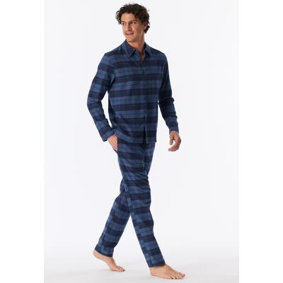 Pyjama SCHIESSER "Selected Premium Warming", Herren, Gr. 52, blau (843, faded denim), Flanell, Obermaterial: 100% Baumwolle, bequem lang, ohne Ausschnitt, Homewear-Sets Pyjama, mit klassichem Kragen und durchgehender Knopfleiste