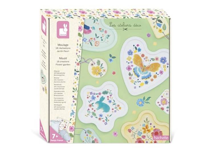 Janod - Janod-16 voorwerpen om te knutselen van gips, 12 sleutelhangers + 4 kopjes voor het decoreren van modellering, doe-het-zelf creatieve set voor de vrije tijd van kinderen - fijne motoriek en