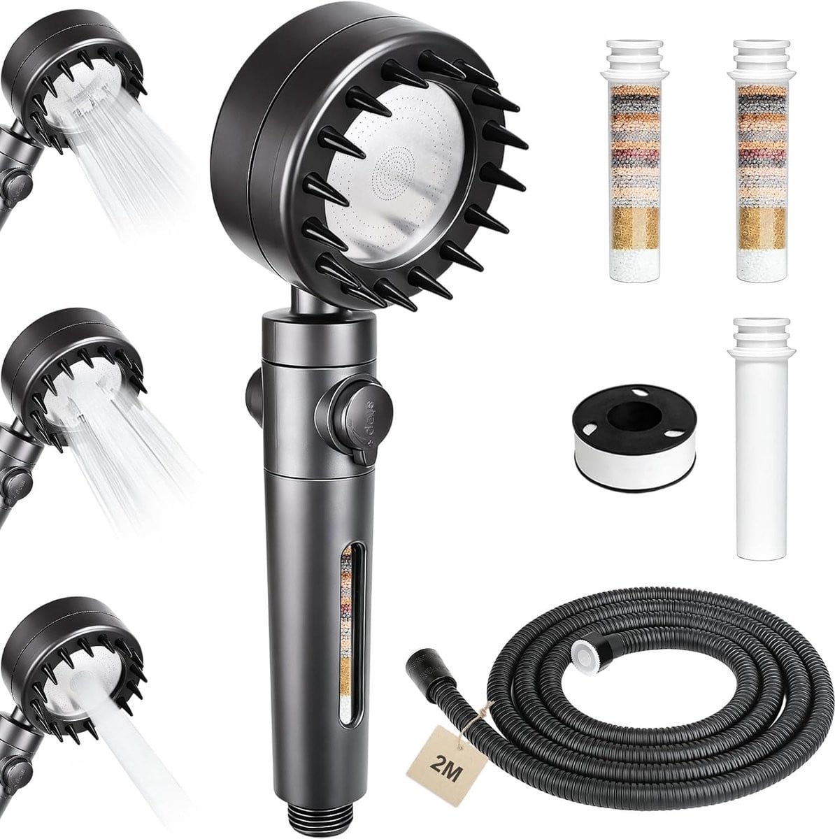 Grijs waterbesparende handdouche met filter, 3 straalsoorten en 2 meter slang