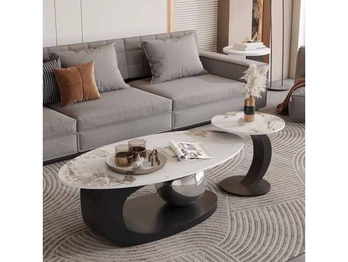 Couchtisch Oval,Moderner Wohnzimmertisch Aus Sinterstein und Eisen mit Optionalem Rundem Beistelltisch,Schwarzes C-Förmiges Gestell,Metallkugel,für Wohnzimmer C