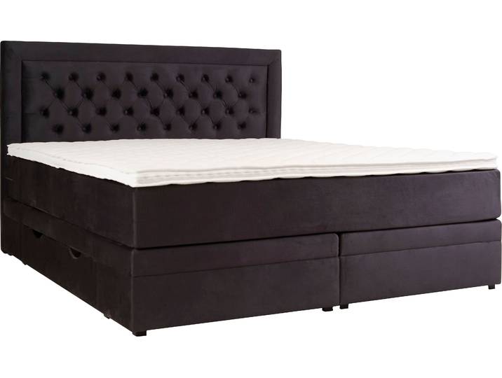Boxspringbett, 100% Polyester, Anthrazit, 141×210 cm, Taschenfederkernmatratze, Modern, Leonique