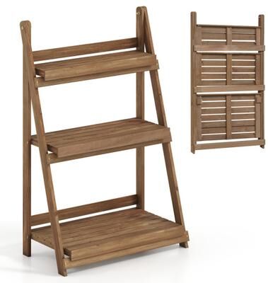 Costway 3-Tier Foldable Plant Stand with Slatted Shelves and Fir Wood Frame-Brown